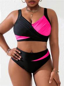 Slaydiva Plus Size Women 2pcs/Set Black & Pink Splice Ruffled Strap Bikini Swimsuit, Summer Beach Holiday