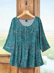 EMERY ROSE Plus Size Women Paisley Print Round Neck 3/4 Sleeve Button Half Placket Casual T-Shirt