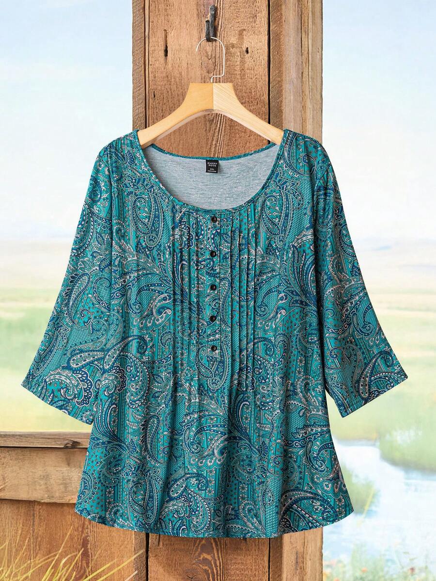 EMERY ROSE Plus Size Women Paisley Print Round Neck 3/4 Sleeve Button Half Placket Casual T-Shirt