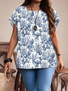 EMERY ROSE Casual Loose Fit Round Neck Short Sleeve Ocean Element Print Plus Size Tunic Top,Suitable ForSummer - Blue and White - View 5