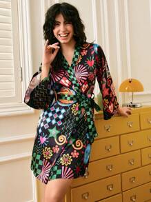 Chillnights Women's Satin Robe With Sun And Moon Heart Print Luxe Loungewear, Fall, Winter - Multicolor - View 3