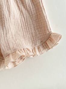 Loomiva 2pcs Baby Girls Solid Color Camisole Top And Elastic Waist Shorts Set - Beige - View 5