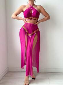 SHEIN 3pcs/Set Sexy Halter Golden Tassel Split Maxi Dress Set For Going Out - Hot Pink - View 3
