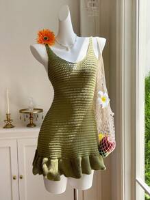 Comfortcana Summer Crochet Ruffle Hem Vacation Slip Dress Mini Sweater Dress - Green - View 1