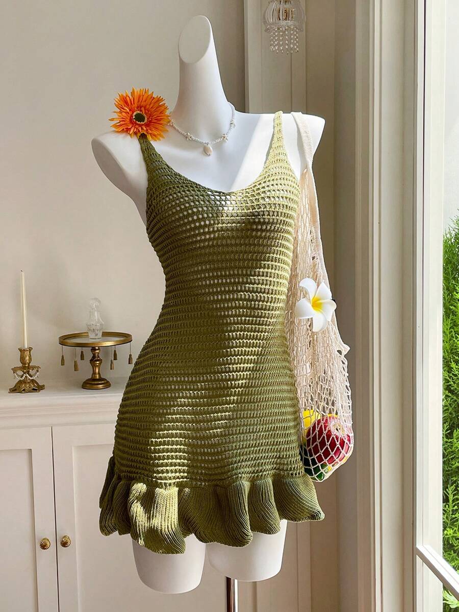 Comfortcana Summer Crochet Ruffle Hem Vacation Slip Dress Mini Sweater Dress - Green - View 1