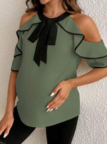 SHEIN Elegant Color Block Strapless Tie Neck Ruffle Hem Maternity Top, For Summer - Olive Green - View 3