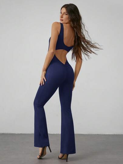 SHEIN Tall Summer Solid Color Hollow Out Flare Skinny Jumpsuit