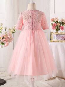 Glamorique Kids Váy cưới dự tiệc sinh nhật cho bé gái, váy hoa jacquard màu hồng thanh lịch cho bé gái, váy midi vải tuyn cổ tròn cho những dịp trang trọng, biểu diễn sân khấu, độc tấu piano, tổ chức sự kiện và chụp ảnh để trở nên tự nhiên và đẹp hơn - Hồng - Xem 2