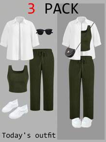 SHEIN LUNE Conjunto informal de 2 piezas de talla grande: Top de tirantes de unicolor y pantalón, camisa - Verde - Ver 1