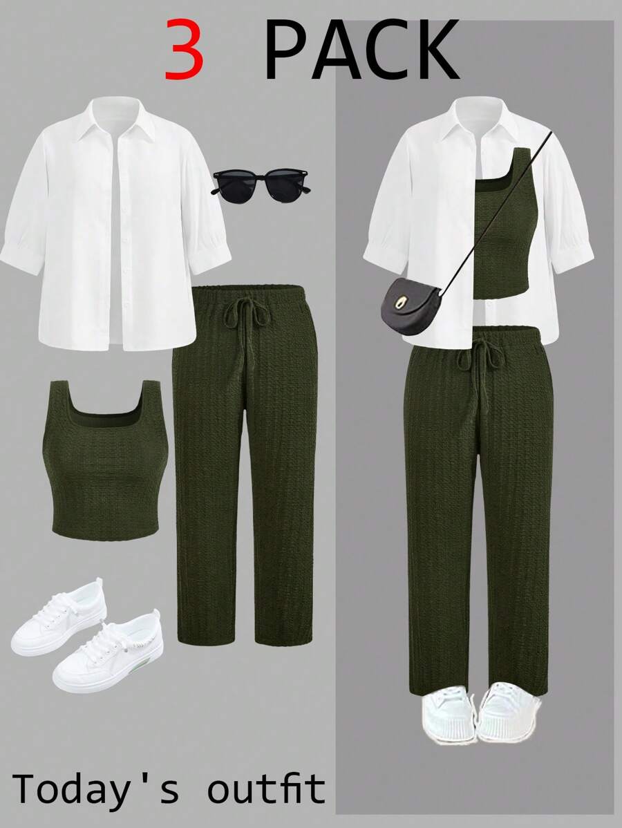 SHEIN LUNE Conjunto informal de 2 piezas de talla grande: Top de tirantes de unicolor y pantalón, camisa - Verde - Ver 1