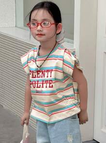 Dazy Kids 年轻女孩秋装圆领条纹字母印花无袖T恤，夏季 - 彩色 - 查看 5