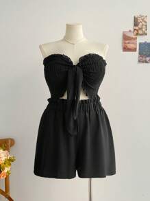 Soleia Plus Summer Boho Knot Front Tube Top & Paperbag Waist Shorts,Holiday Outfits Boho