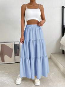 SHEIN EZwear 女式纯色松紧腰荷叶边下摆休闲中长款 A 字裙，夏季 - 藍色 - 查看 5