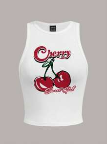 SHEIN EZwear 休闲樱桃印花图案修身圆领女士背心，适合夏季 - 白色 - 查看 3