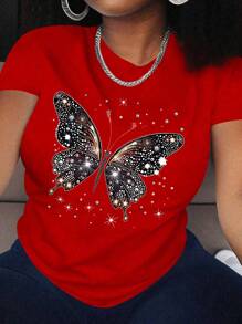 Maweii Plus Size Crew Neck Short Sleeve T-Shirt, Fashionable For Summer - Red - View 1