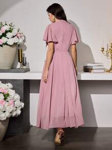 Modelyn Tie-Up Pleated Ruffle Sleeve A-Line Waist Flare Chiffon Dress For Women - Pink - View 2