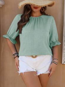 SHEIN LUNE Plus Size Women Tie Sleeve Shirt With Decorative Buttons Women Summer Clothing Summer Clothes Women Clothes Tops For Women Elegant Women Summer Shirts Women Plus Clothing Formal Women Plus Clothing Business Casual Tops For Women Women Blouses - Cadet Blue - View 5