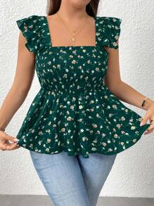 Breezaya Plus Size Women's Ditsy Floral Square Neck Ruffle Hem Elastic Waist Camisole - Green - View 3