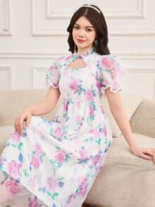 SHEIN 少女优雅、派对、迷人、旅行花卉印花镂空灯笼袖拼布欧根纱连衣裙 - 白色 - 查看 3