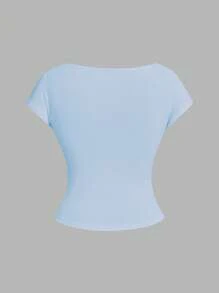 SHEIN Essnce Set 4 pcs Kaos Wanita Warna Polos Kasual Kerah Bulat Pas Badan Tanpa Punggung Berongga, Serbaguna untuk Musim Panas, Cocok untuk Bepergian - MultiWarna - View 4