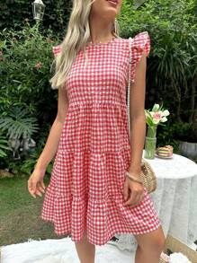 SHEIN 孕妇休闲格子荷叶边下摆哺乳连衣裙（夏季） - 紅色 - 查看 8
