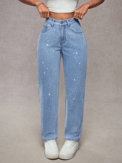 SHEIN Tall Jeans casuales de tiro alto, lavados y entallados, con adornos de strass