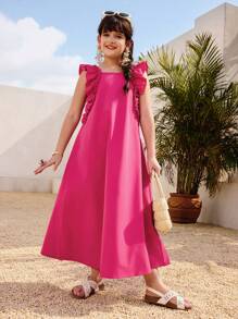 Tween Girls Vacation & Casual Sleeveless Loose Dress, Ruffle Hem, Rose Red, Suitable For Outing, Holiday, Daily, School, Summer - Hot Pink - View 6