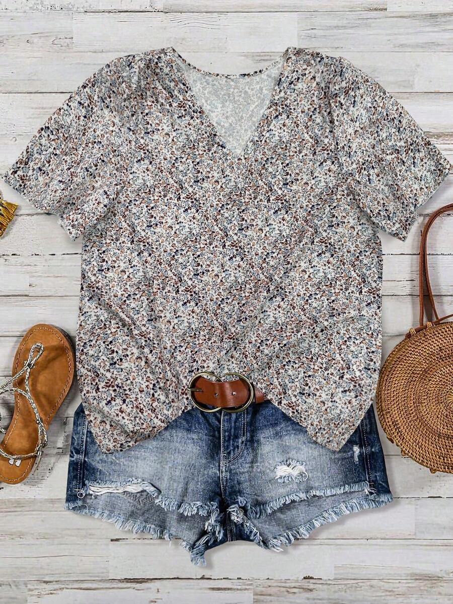 قميص كاجوال بياقة على شكل حرف "V" وأكمام قصيرة، مناسب للصيف، مقاس كبير الحجم - متعدد الألوان - مشاهدة 1