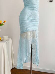 Soleia 度假淡黄色褶饰低腰不对称 A 字下摆连衣裙 - 淺藍色 - 查看 6