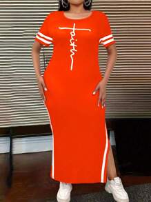 SHEIN PETITE CURVE Plus Size & Petite Women Long Knitted Dress - Orange - View 3