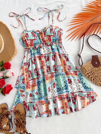 Soleia 女士夏季假期印花细肩带抽绳蝴蝶结装饰连衣裙
