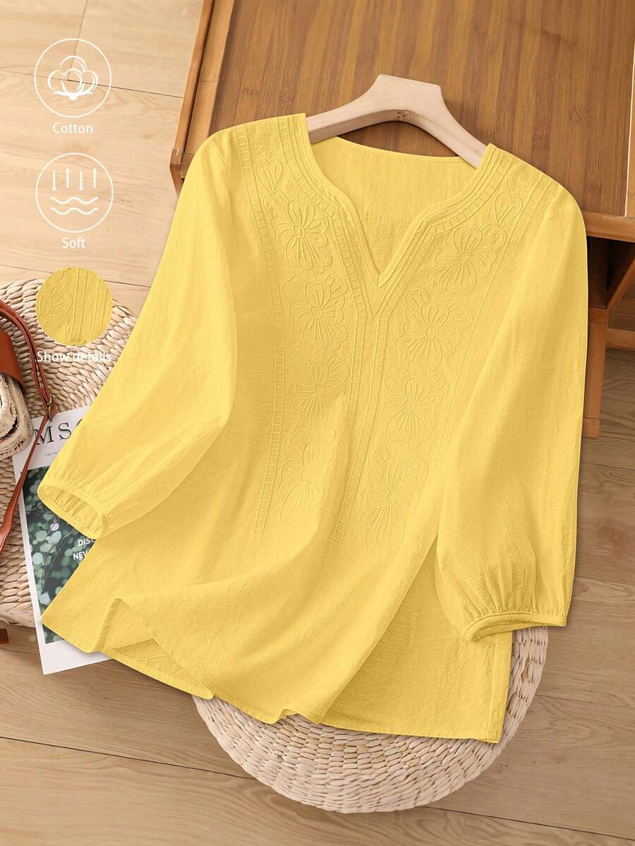 GlowEve Women V-Neck Embroidered White Short Sleeve Blouse