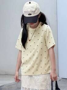 DAZY Mädchen Teenager Leoprint Rundhals T-Shirt mit Allover-Muster, Sommer, Schulanfangsmode