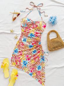 Soleia Rochie de sărbători cu tiv asimetric, cu șnur cu șnur, cu imprimeu cu zebră, zebră și florale, potrivită pentru întâlniri, Ziua Îndrăgostiților, ceaiul de după-amiază - Multicolor - Vizualizare 6