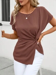 SHEIN Clasi Women's Asymmetric Hem Twist Texture Blouse Brown - Brown - View 4