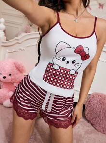 SweetSlumber 2pcs/Set Women Cute Cat Pattern Bowknot Pajama Set