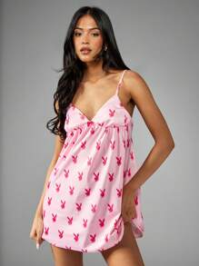 Missguided x Playboy 圣诞俏皮兔印花丝滑睡衣 - 彩色 - 查看 4