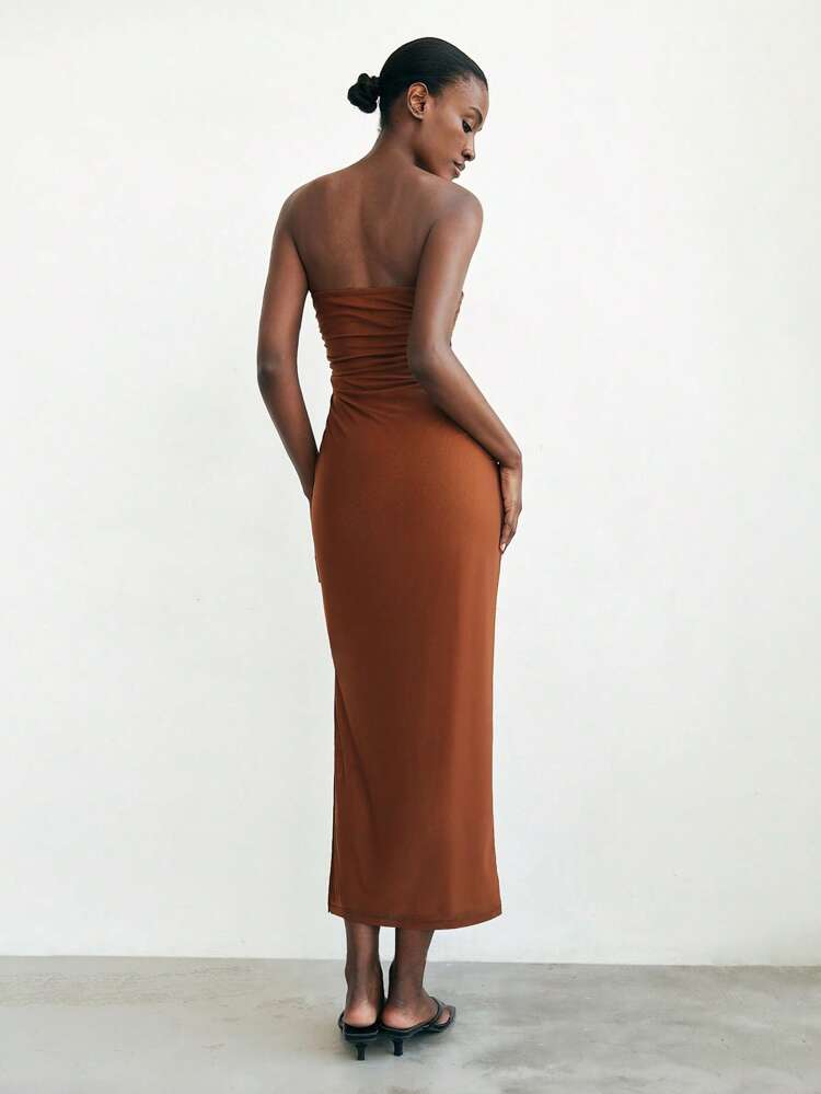 SHEIN Maija Brown Hollow Out Pleat Decor Dress For Women, Slit Design Slim Fit Urban Chic Style, Essential For Spring/Summer, Fashion & Minimalist