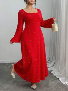 Elenzga Vestito lungo elegante da donna con maniche lunghe, scollo a U, decorato con perline, adatto a taglie forti