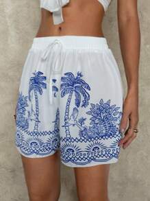 SHEIN Swim Women's Tie Waist Vacation Style Palm Tree Print Beach Shorts For Summer - Blue and White - View 4