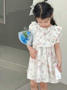 SHEIN Young Girl Sweet Cute Floral Print Ruffle Hem Casual Dress