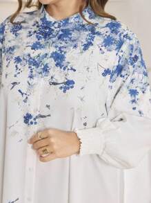 Graceveil Women Plus Size Stand Collar Lantern Sleeve Loose Positioning Print Elegant Comfortable Arabic Dress, Modest - Multicolor - View 5