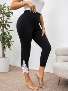 SHEIN Clasi Pantaloni da donna taglie forti, pantaloni eleganti, pantaloni neri, pantaloni aderenti con inserti in pizzo