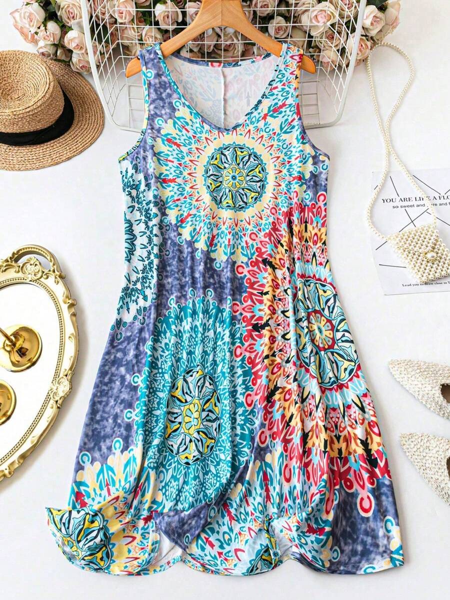 SHEIN LUNE Plus Size Sleeveless Fashion Summer Dress - Blue - View 1