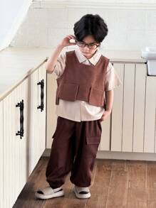 2pcs/Set Boys' Brown Cargo Pants + Short Sleeve Shirt & Vest - Coffee Brown - View 3