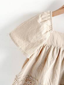 Loomiva Retro-Set für Kleine Mädchen im Country-Stil mit quadratischem Kragen, Puffärmeln und gerade geschnittener Hose mit Rüschensaum, modisches, schlichtes Outfit für Outdoor, Schule, Urlaub, vielseitig, Frühling/Sommer - Khaki - Übersicht 4