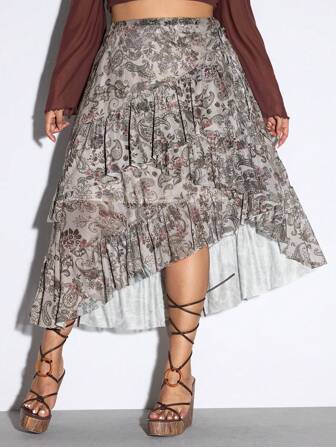 Hippie Gonna arricciata con stampa paisley boho, taglie comode