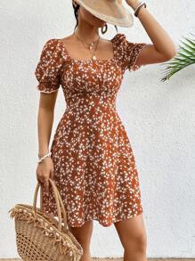 Breezaya Váy tay bồng cổ vuông họa tiết hoa mùa hè dành cho nữ - Cà phê nâu - Xem 5