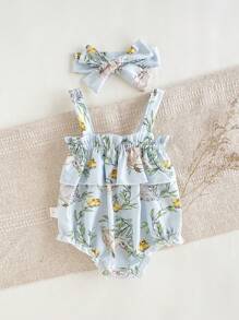 Newborn Cute Duck Print Ruffle Trim Romper With Headband, Sweet Green Home Outfit Set - Green - View 2