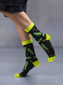 Rick and Morty X SHEIN 3 Pairs Of Green, Black, Cucumber Pattern Breathable & Soft Mid-Calf Socks, Reinforced Toe & Heel For Durability, Suitable For All Seasons, Unisex - Multicolor - View 8